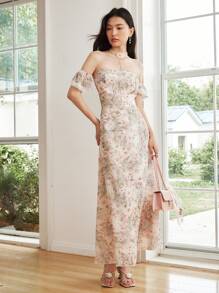 Celisse Vestido de verano nuevo romántico con estampado floral para vacaciones (Patrón floral asimétrico) para mujer