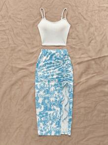 Soleia 2pcs/Set Vacation Casual Textured Fabric Tank Top And Colorblock Blue & White Print Mini Skirt - Blue and White - View 6