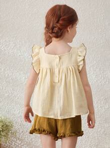 Blossori 2pcs Young Girls Linen Floral Embroidery Ruffle Sleeve Shirt And Shorts Set - Multicolor - View 2