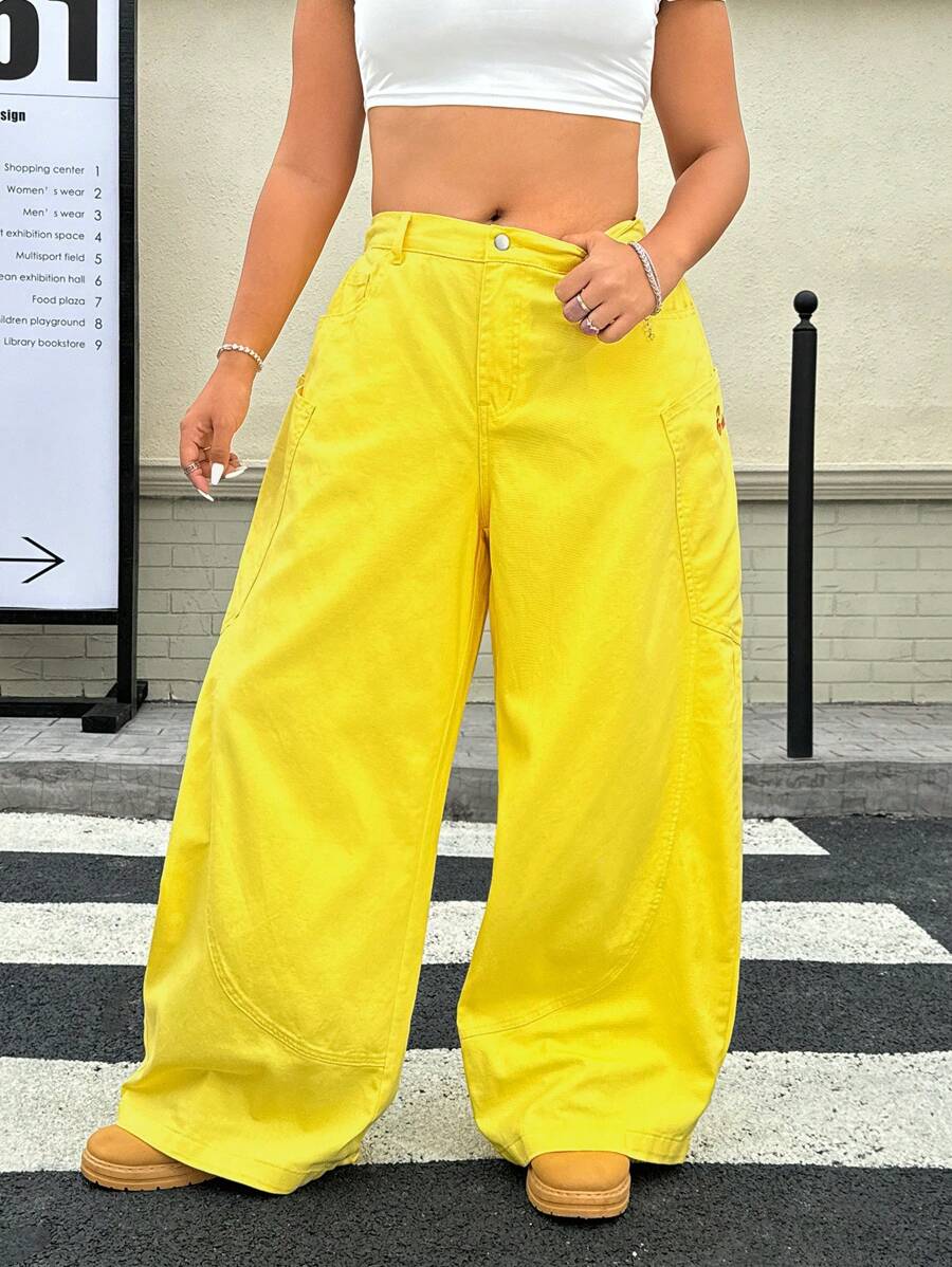 SHEIN ICON Jeans ample à jambe large de couleur unie style minimaliste casual grande taille