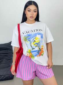 Flirla Plus Size Tropical Print T-Shirt And Striped Shorts 2 Pieces Set, Casual For Vacation Holiday - Multicolor - View 4
