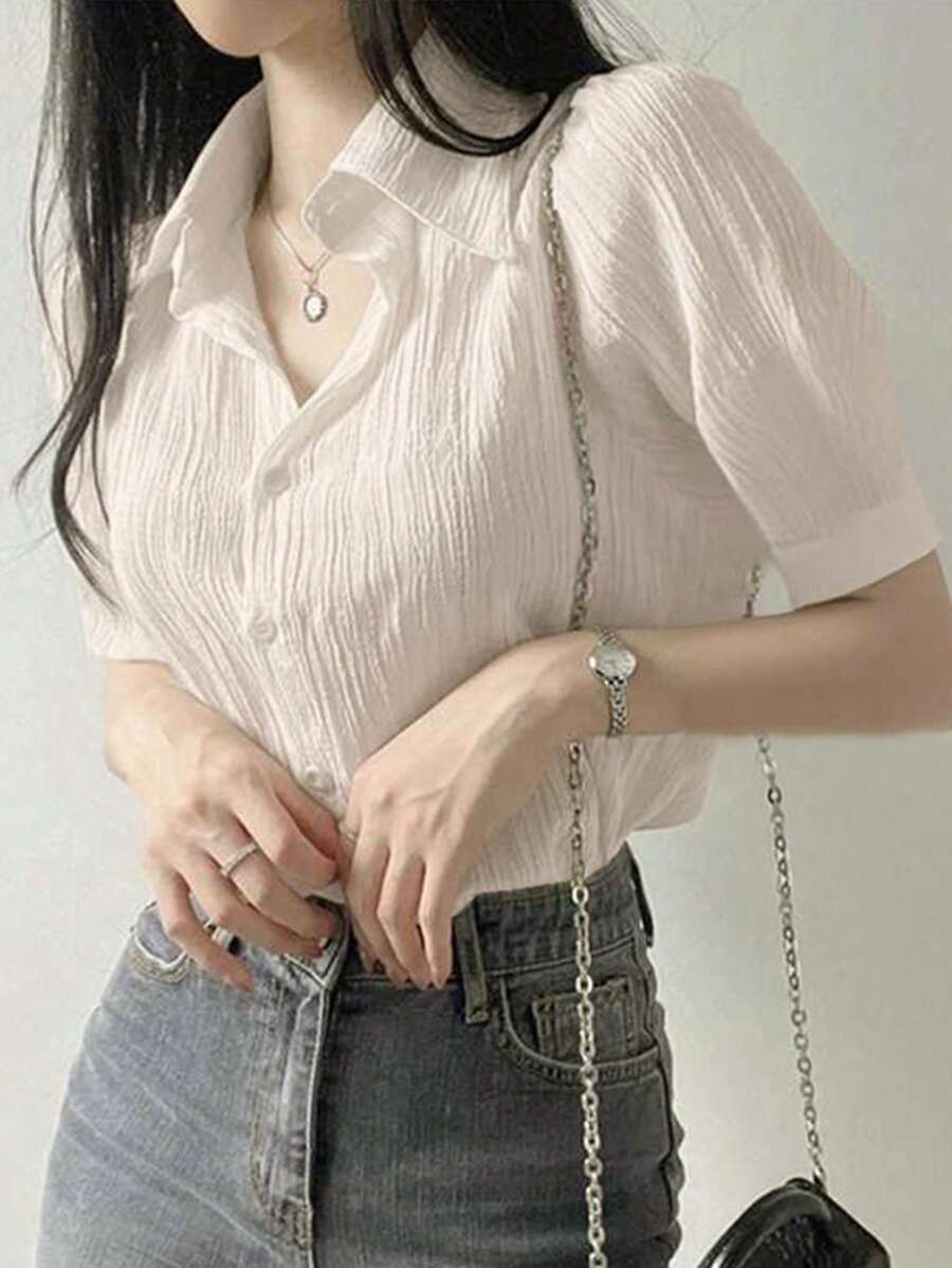 Wynsel Blusa suelta con cuello de solapa y plisado en unicolor para mujer, blanco, primavera/verano/otoño