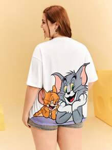 TOM & JERRY X SHEIN Plus Size Cartoon Mouse & Cat Print White Short Sleeve T-Shirt Cute T Shirts Women T Shirts Graphic Cute Graphic Tees Women Funny Graphic Tees Graphic T Shirt Summer / Summer For Women/ Summer / Cute Summer Tops Classic Casual Tee Rave Festival/ Rave/Festival/ Rave/ Festival For Women/ Country Concert/ Festival/ Concert/ C Concert Women/ Concert For Women/Rave/Rave Top