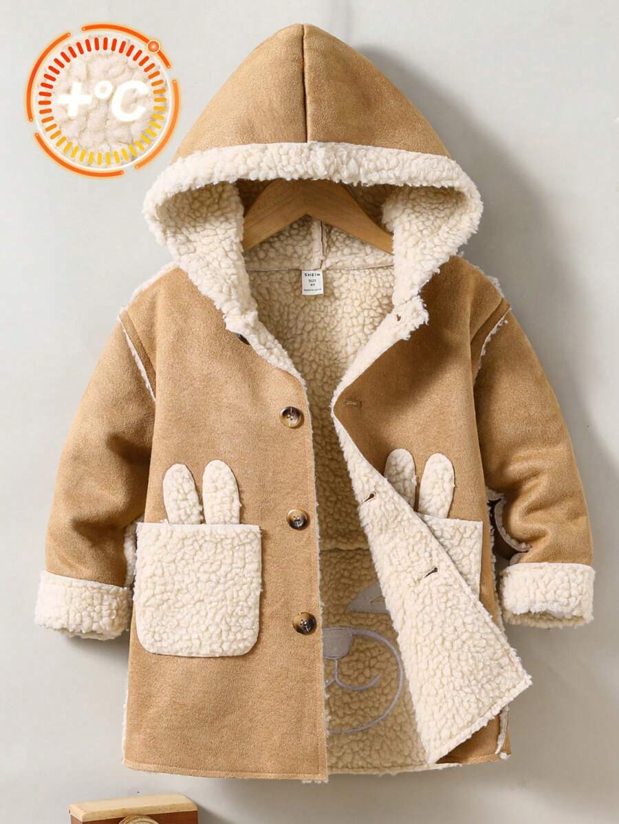 SHEIN Young Boy Dual Pocket Teddy Lined Hooded Coat - Khaki - View 1