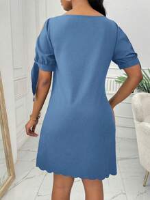 Elenzga Women's Solid Color Knot Seashell Hem Elegant Pearl Embellished Summer Dress - Blue - View 2