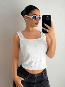 SHEIN PETITE Women's Fashionable Rhinestone Decorated White Tank Top, Summer ,Petite Women - White - View 4