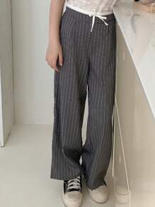 DAZY Pantalones largos de niña preadolescente/niñas preadolescentes con bloqueo de color de rayas tejidas, para primavera y verano - Gris - Ver 4