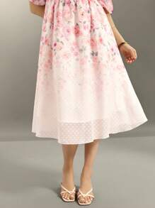 Flouryn Plus Size Women Romantic Elegant Chiffon Textured, Ombre Floral Print Cross V Neck Short Sleeve Mini Dress