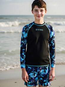 SHEIN Teen Boy Tie-Dye Print Raglan Sleeve Top And Swim Shorts Set, Random Print - Multicolor - View 1