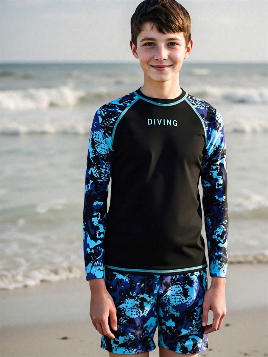 SHEIN Teen Boy Tie-Dye Print Raglan Sleeve Top And Swim Shorts Set, Random Print - Multicolor - View 1