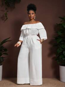 Veslaya Ensemble printemps-été 2025 grande taille - Top court à manches 5/courtes avec volants à l'épaule et texture de bambou + Pantalon taille haute à jambe large avec cordon de serrage et poches. Convient pour la plage, la villégiature, les festivals de musique, le style western vintage, les sorties décontractées, le tourisme, les vacances en ville - Blanc - Voir 5