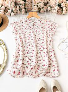 SHEIN LUNE Plus Size Summer Ditsy Floral Ruffle Hem Casual Shirt - Apricot - View 2