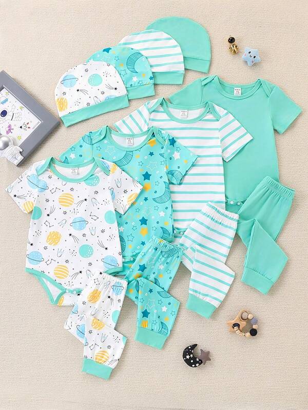 Baby Boys Can Wear Simple, Casual, Cute And Fun Moon, Star, Planet, Striped Printed Jumpsuit Set With Headband In Spring And Summer