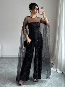 Rafferiza 2pcs Party Elegant Sparkling Rhinestone Sheer Mesh Jumpsuit Set For Women - Black - View 4