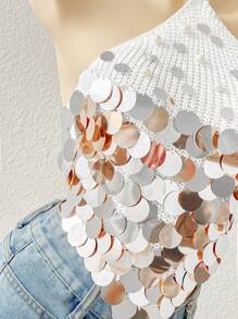 Flirla Fashionable Vacation Style Sequin Halter Neck Knit Blouse - White - View 4