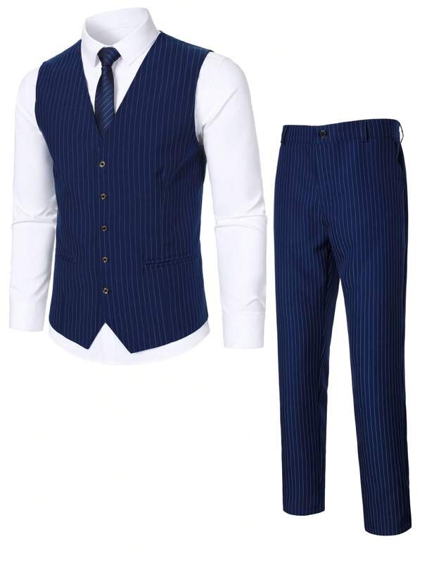 Manfinity Mode Herren Lässig Gestreifter Weste und Hose 2-Teiler