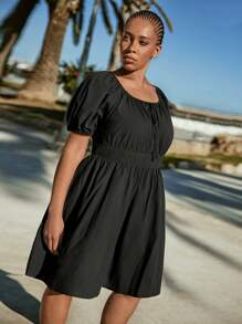 Maija Women's Plus Size Solid Black Short Sleeve Dress,Bohemian Holiday Style Summer Vacation Outfits,Smart Casual Wedding Guest Graduation Dress - Black - View 4