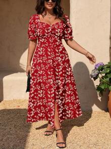 SHEIN Clasi Robe élégante à manches courtes, col V et ourlet fendu, couleur unie, grande taille - Multicolore - Voir 1
