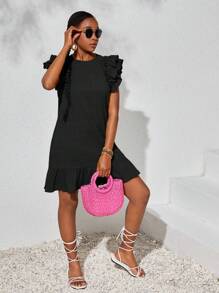 SHEIN Leap Crew Vestido casual para adolescentes de unicolor con jacquard, doble capa y mangas con volantes - Negro - Ver 4