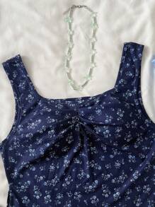 SHEIN Teen Girl Ribbed Ditsy Floral Pleated Casual Tank Top