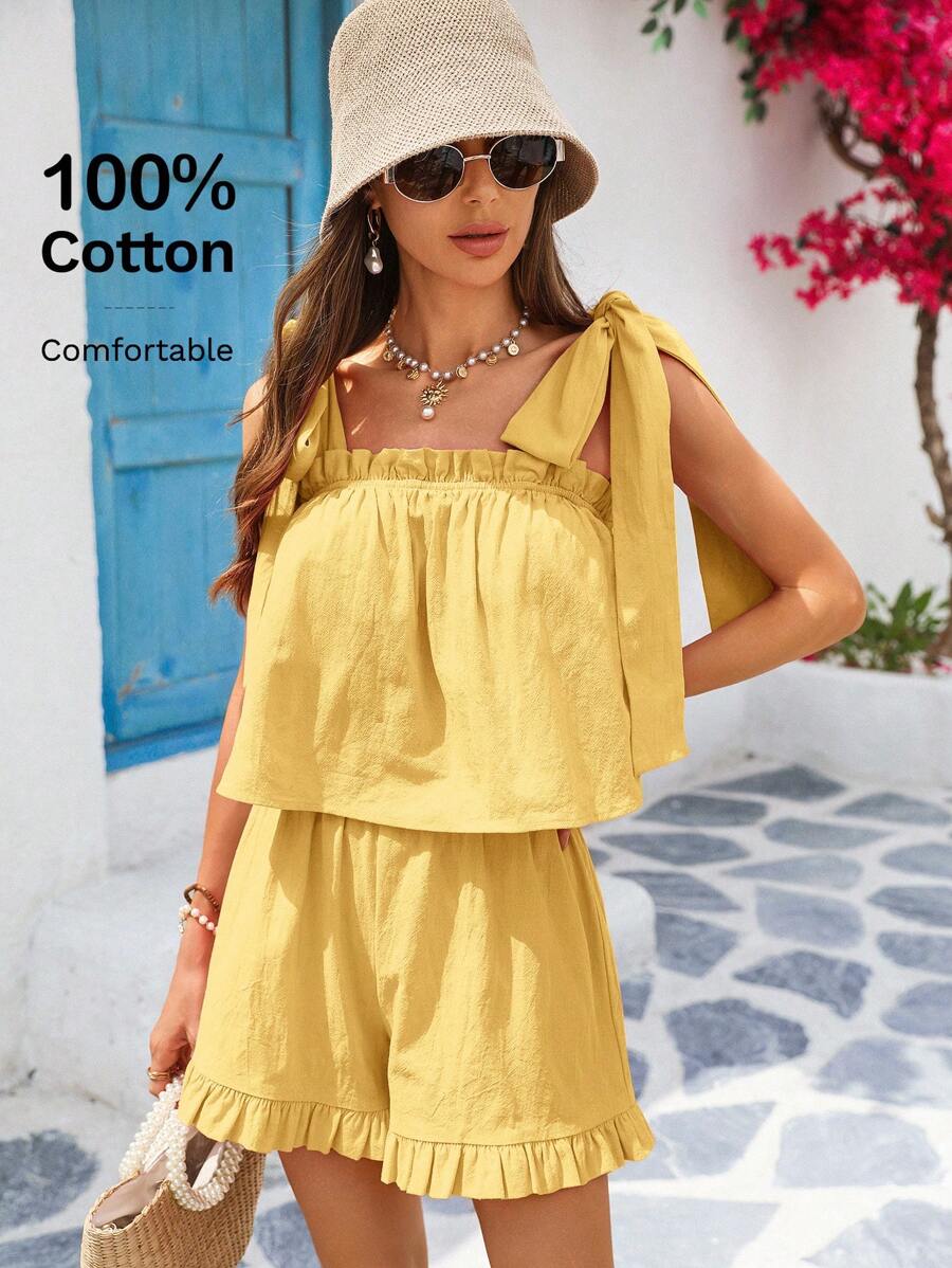 Vivid Eden 100%Cotton 2pcs/Set Casual Holiday Tie-Up Camisole And Shorts, For Spring And Summer Vacation, A Casual Holiday Outfit, Holiday Summer Beach Outfit,Summer Two Pieces Set Women,Summer Outfits For Women, Yellow Blouse