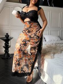 Plus Size Floral Print Contrast Lace Sexy Nightgown