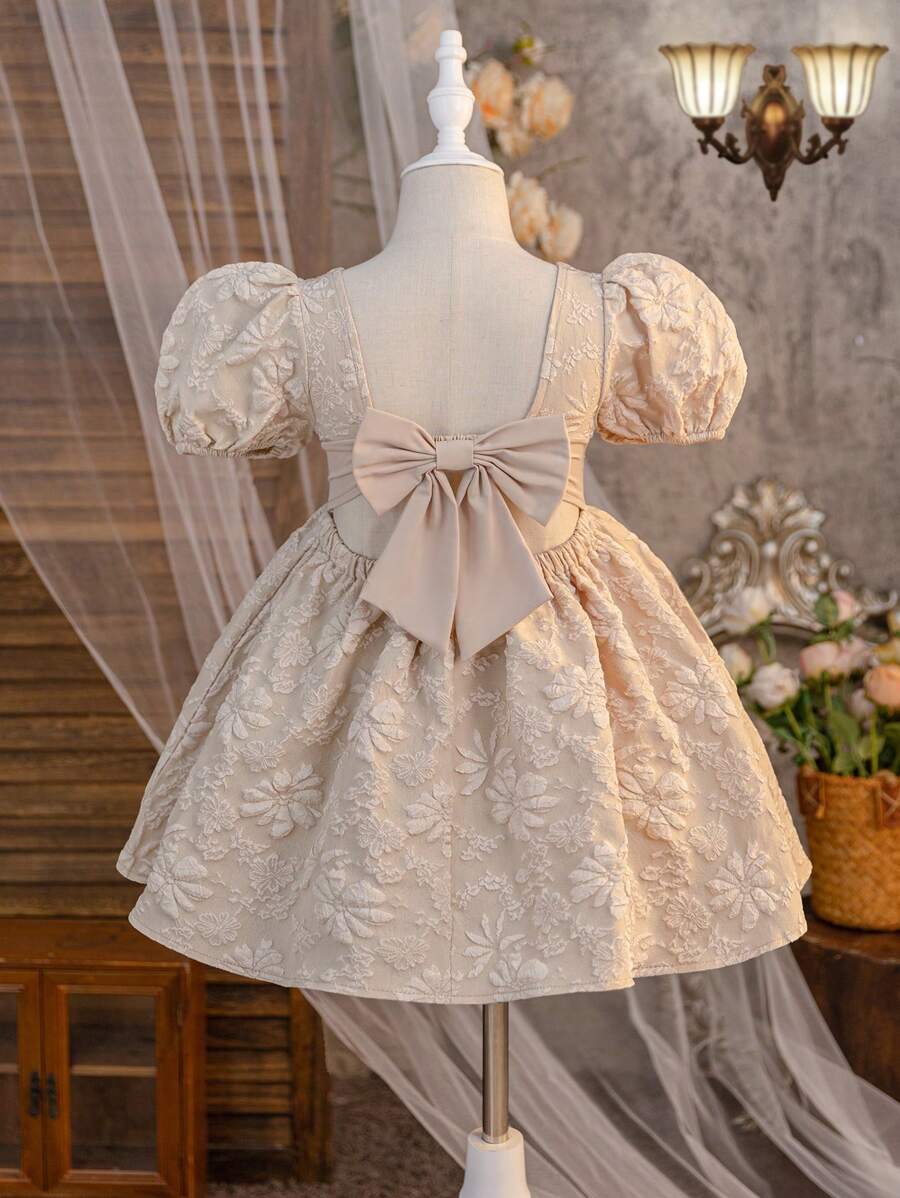 SHEIN Đầm thường ngày không tay dệt họa tiết nơ nhiều màu cho bé gái - Màu be - Xem 1