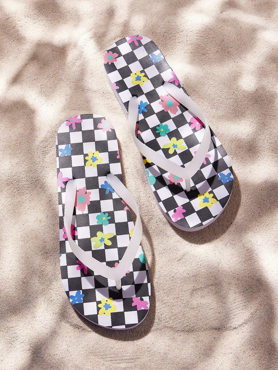 Grefit CUCCOO Heart Print Flat Slip-On Sandals For Indoor And Outdoor/Beach Wear - Black and White - View 1