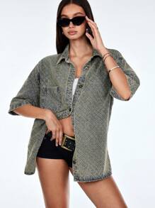 TRNVIE Women's Drop Shoulder Single-Breasted Pocket Loose Casual Denim Jacket - Blue - View 5