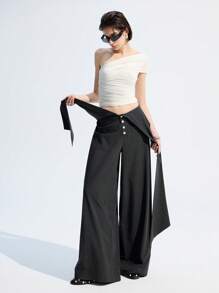 LYSMO 2025 春夏新品男女款不对称腰带纽扣开襟阔腿长裤，时尚前卫 - 深灰色 - 查看 10