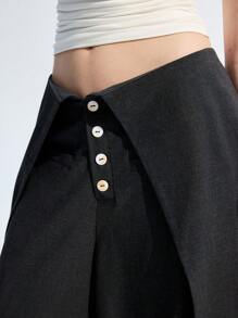 LYSMO 2025 春夏新品男女款不对称腰带纽扣开襟阔腿长裤，时尚前卫 - 深灰色 - 查看 11