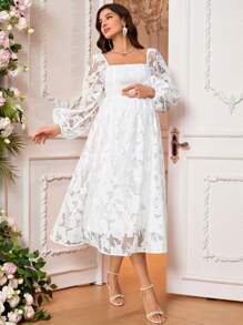 Loomaby Pregnant Women Floral Jacquard Mesh V-Neck Lantern Sleeve Elegant Maternity Dress Baby Shower Maternity  Maxi Dresses Classy Outfits Fairycore