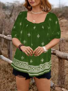 Breezaya Plus Size Casual Bohemian Style Vacation Placement Print Puff Sleeve Short Sleeve Shirt - Green - View 3