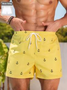 Zalmeno Men's Anchor Print Casual Vacation Beach Shorts, Hawaiian, Men Yellow Swim Trunks, Men Beachwear, Lemon Swim Trunks, Men Bathing Suit Trunks, Swim Wear For Men - Yellow - View 4