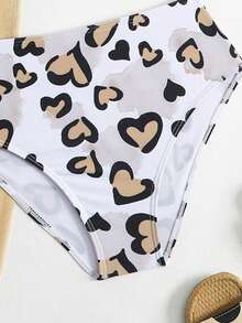 Tween Girl Vacation Beach Heart Print Swimsuit Set Tweens Cheetah Print Bathing Suits 3pcs Set Bikini With Sarong Skirt Cheetah Print Bikini Swimsuits For Teen Girls Two Piece Swimsuits For Teenagers - Khaki - View 4