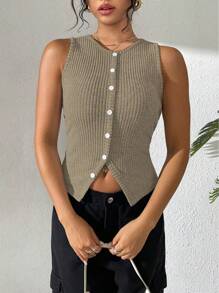 Chiquease Women's Casual Ribbed Tight-Fitting Crop Top With Side Slit