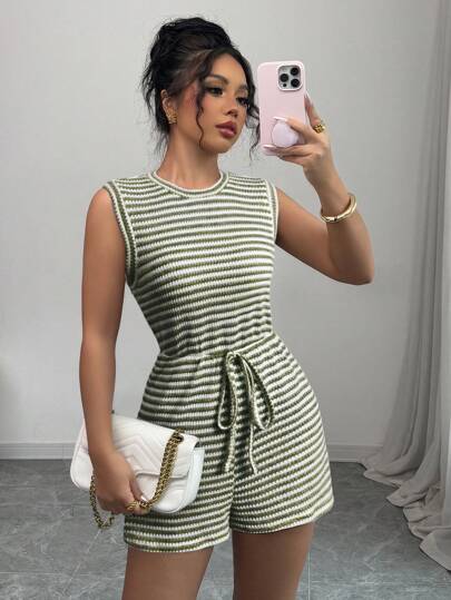 Elenzga Mono elegante y casual de punto de gofre a rayas sin mangas para mujer, para primavera/verano