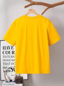 SHEIN Leap Crew 青少年男童休闲英伦图案印花短袖棉质T恤，夏季 - 黃色 - 查看 2