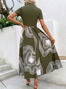 SHEIN Tall Summer New European And American Fashion Elegant Round Neck Short Sleeve Patchwork Print Flare Hem Dress For Women, Tall Women - Multicolor - View 2