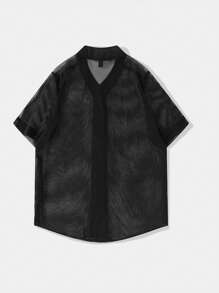 ROMWE MEN Grunge Punk Men's Punk Mesh Slogan Print Short Sleeve Street Style Shirt, Summer