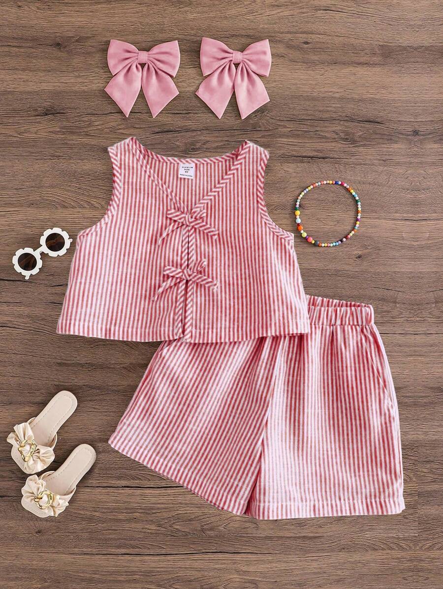 SHEIN 2 pièces Ensemble Top à col rond rayé tressé et shorts tressés pour jeune fille - Rouge - Voir 1