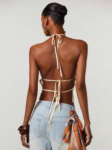 Athîral Women's Sequin And Mesh Panel Halter Neck Sexy Crop Top - Apricot - View 2