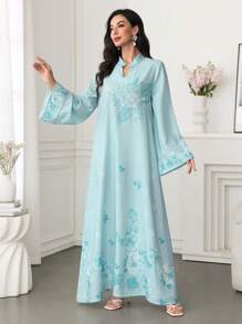 SHEIN Najma 女士长袖阿拉伯风格连衣裙，夏季时尚，端庄 - 藍色 - 查看 7