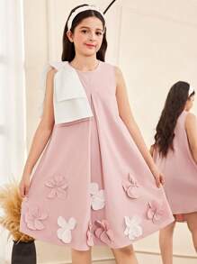 SHEIN Tween Girls' Loose Elegant Round Neck Sleeveless Floral Applique Bowknot Dress - Pink - View 6