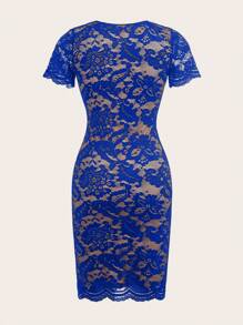 Ellevyn Women's Lace Sheer Round Neck Sexy Short Sleeve Mini Dress