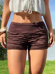 SHEIN EZwear Quần short bó xếp ly dệt kim màu nâu cho nữ mùa hè - màu nâu - Xem 4