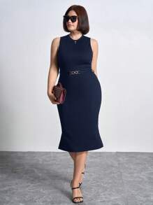 Chikora Plus Size Solid Color Slim Fit Sleeveless Dress With Side Slit,Office Outfits For Women - Royal Blue - View 1