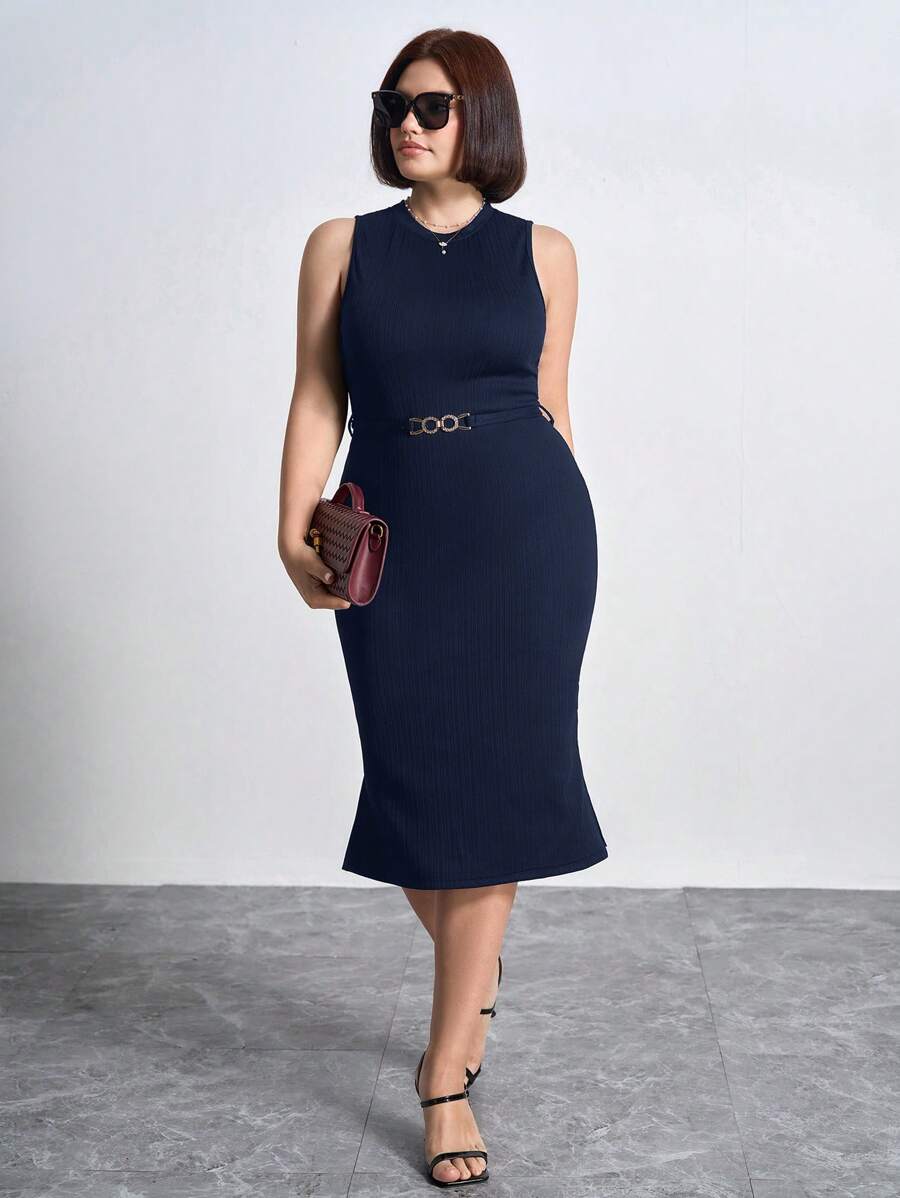 Chikora Plus Size Solid Color Slim Fit Sleeveless Dress With Side Slit,Office Outfits For Women - Royal Blue - View 1