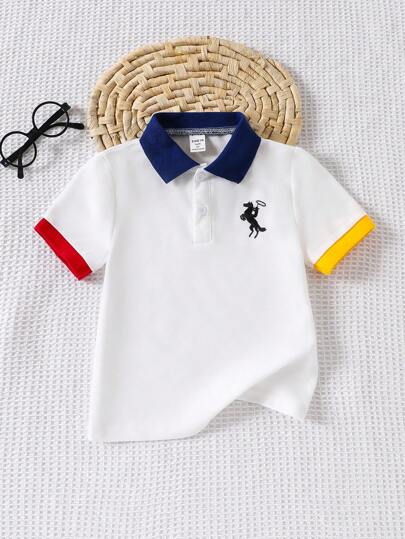 SHEIN Playful Pals 1pc Young BoyColor Block Polo Collar T-Shirt, Contrast Trim At Sleeves, Embroidered Front, Suitable For Spring/Summer Outings And Formal Gatherings