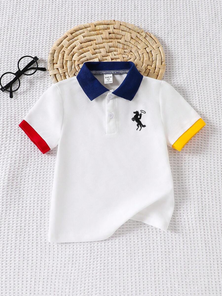 SHEIN Playful Pals 1pc Young BoyColor Block Polo Collar T-Shirt, Contrast Trim At Sleeves, Embroidered Front, Suitable For Spring/Summer Outings And Formal Gatherings